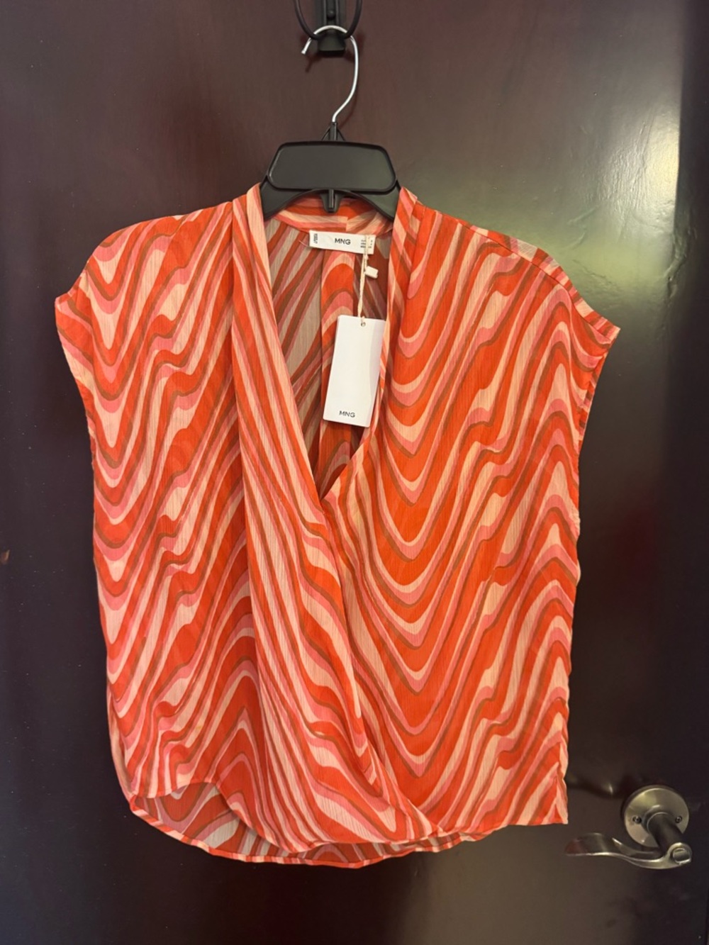 Mango Orange and Pink Wave-Print V-Neck Sleeveless Blouse